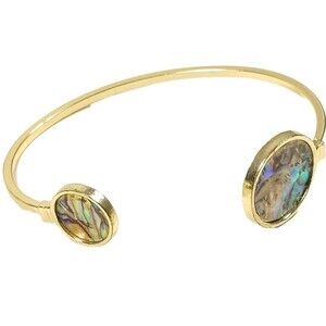 Boho Chic Gold Tone Cuff Bracelet Iridescent Abalone Style Inlay Open Bangle